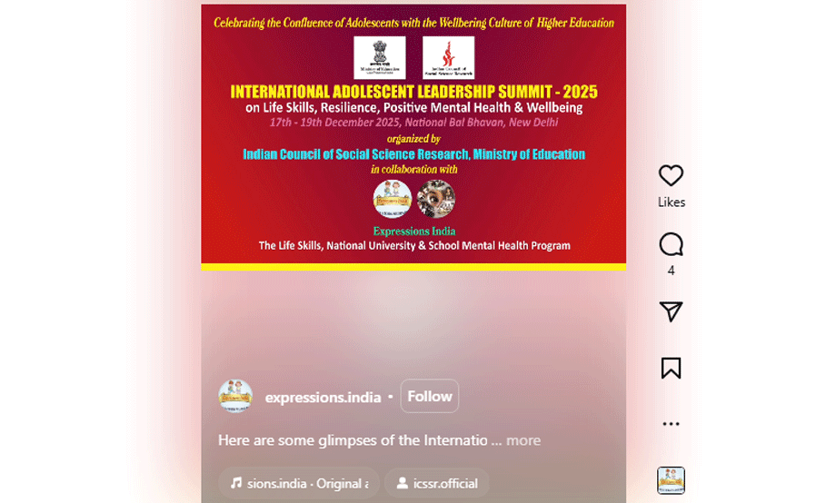 Expressions India: International Adolescent Leadership Summit - 2025 on Life Skills, Resilience Positive Mental Health and Wellbeing - 17th and 19th December 2025, National Bal Bhavan, New Delhi - Cick to Enlarge